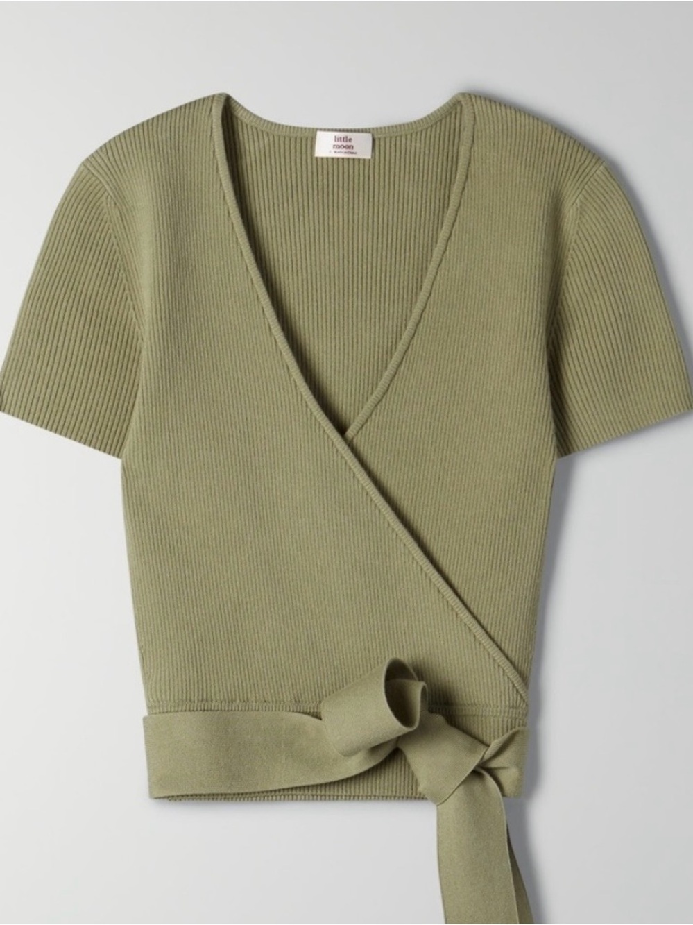 Aritzia Little Moon Sage Ribbed Cropped Wrap Top with Waist Tie